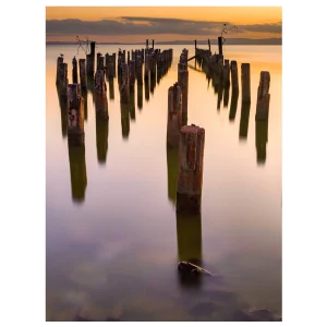 Burke Street Wharf in Thames at sunset, with only the pillars remaining and smooth water from long exposure.