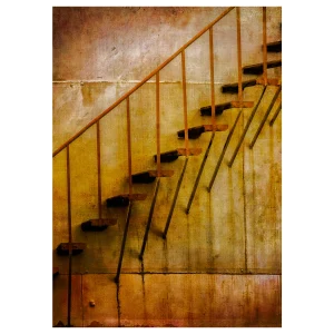 Stairs going diagonally up a rusty silo, enhanced with a textured effect.