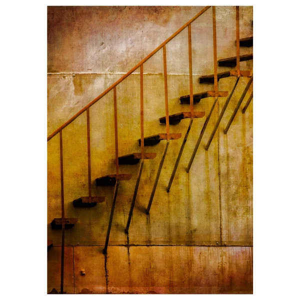 Stairs going diagonally up a rusty silo, enhanced with a textured effect.