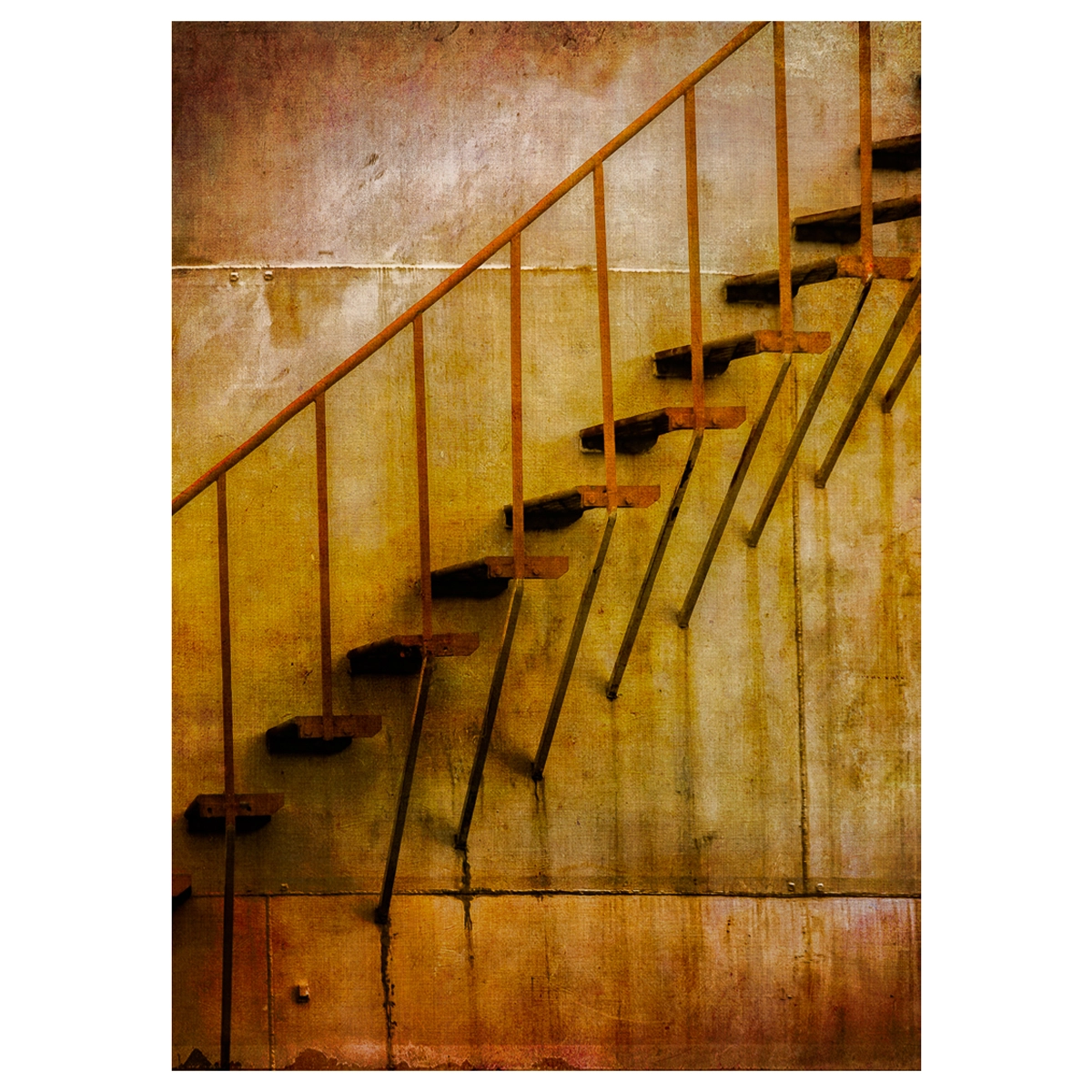 Stairs going diagonally up a rusty silo, enhanced with a textured effect.