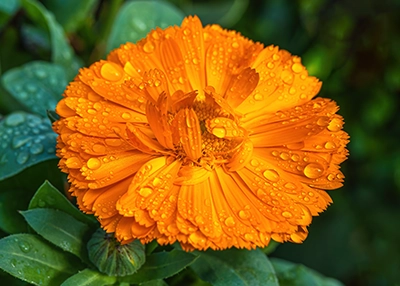 Close-up of an orange calendula flower after rain, with a few partially opened petals and fresh raindrops.