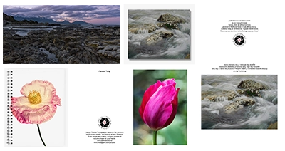 A selection of products available in my shop prints, canvases, cards and notebooks,