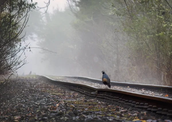 California Quail (Tikaokao) on railway line in fog, New Zealand bird photography