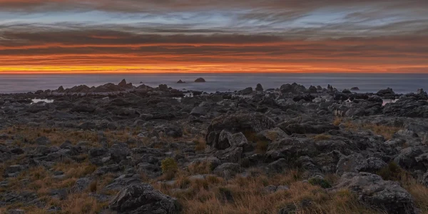 Kaikoura Sunrise – Paparoa Point Rocks with Orange Sky Before Sunrise